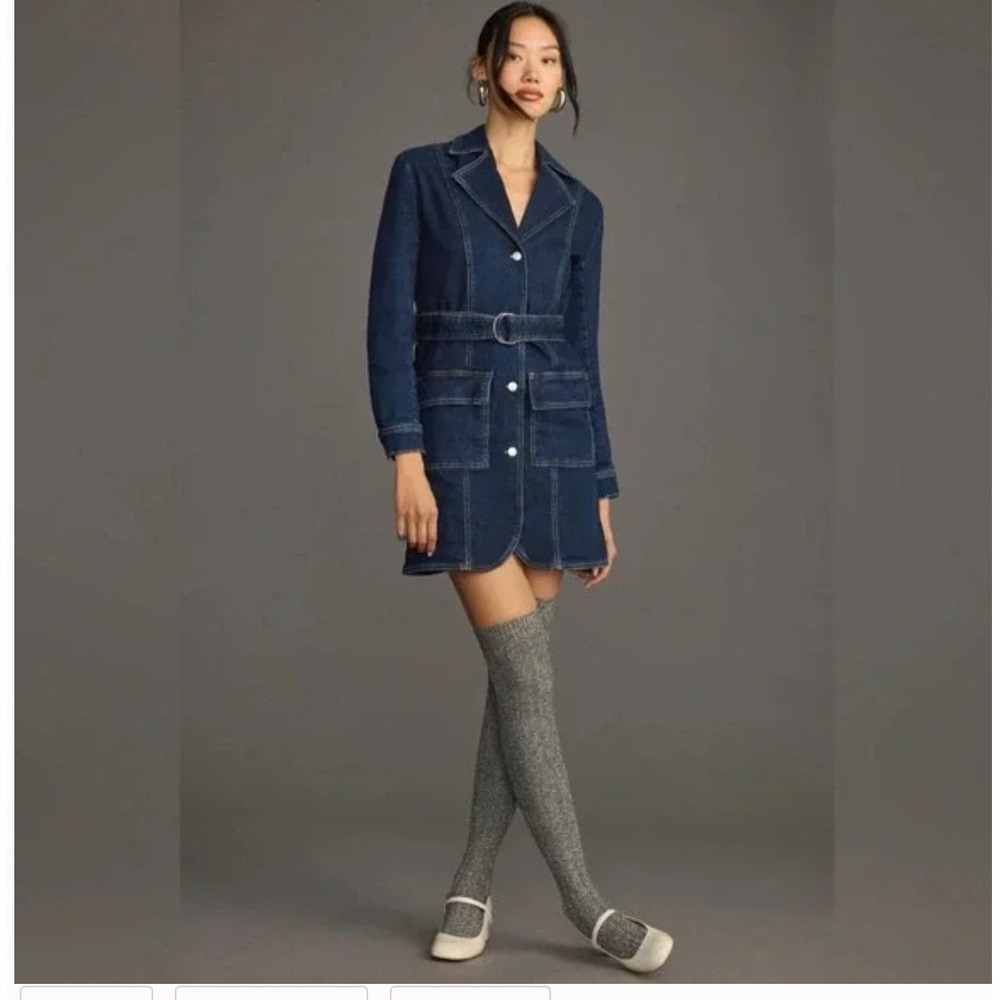 Anthropologie Pilcro Belted Denim Blazer Blue Denim Mini Dress Size Med NWOT - Picture 3 of 11